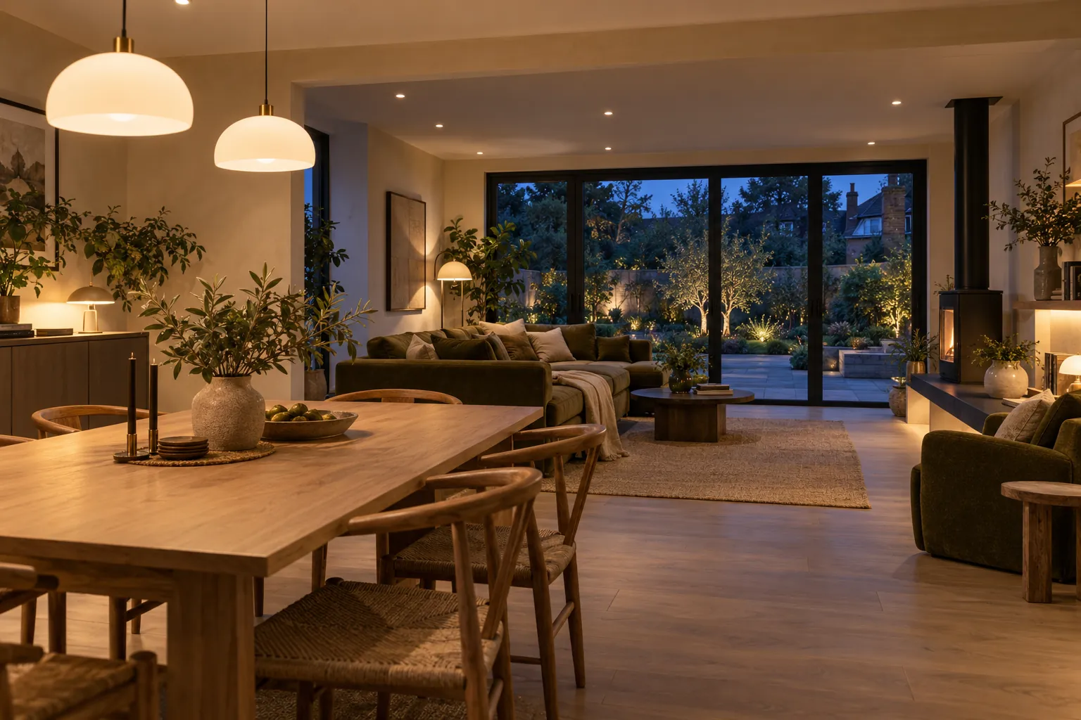 Warm pendant and recessed lighting in a contemporary home